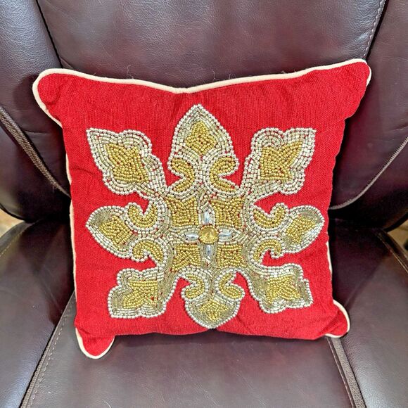 Beaded Gold Jeweled Winter Snowflake Red Decorative Throw Pillow 12x12 Christmas - Picture 1 of 3